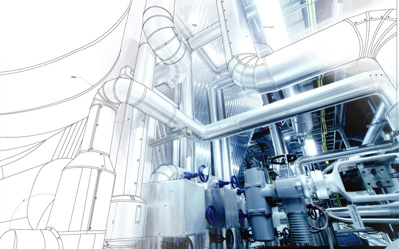 wireframe computer cad design of pipelines for modern industrial power plant